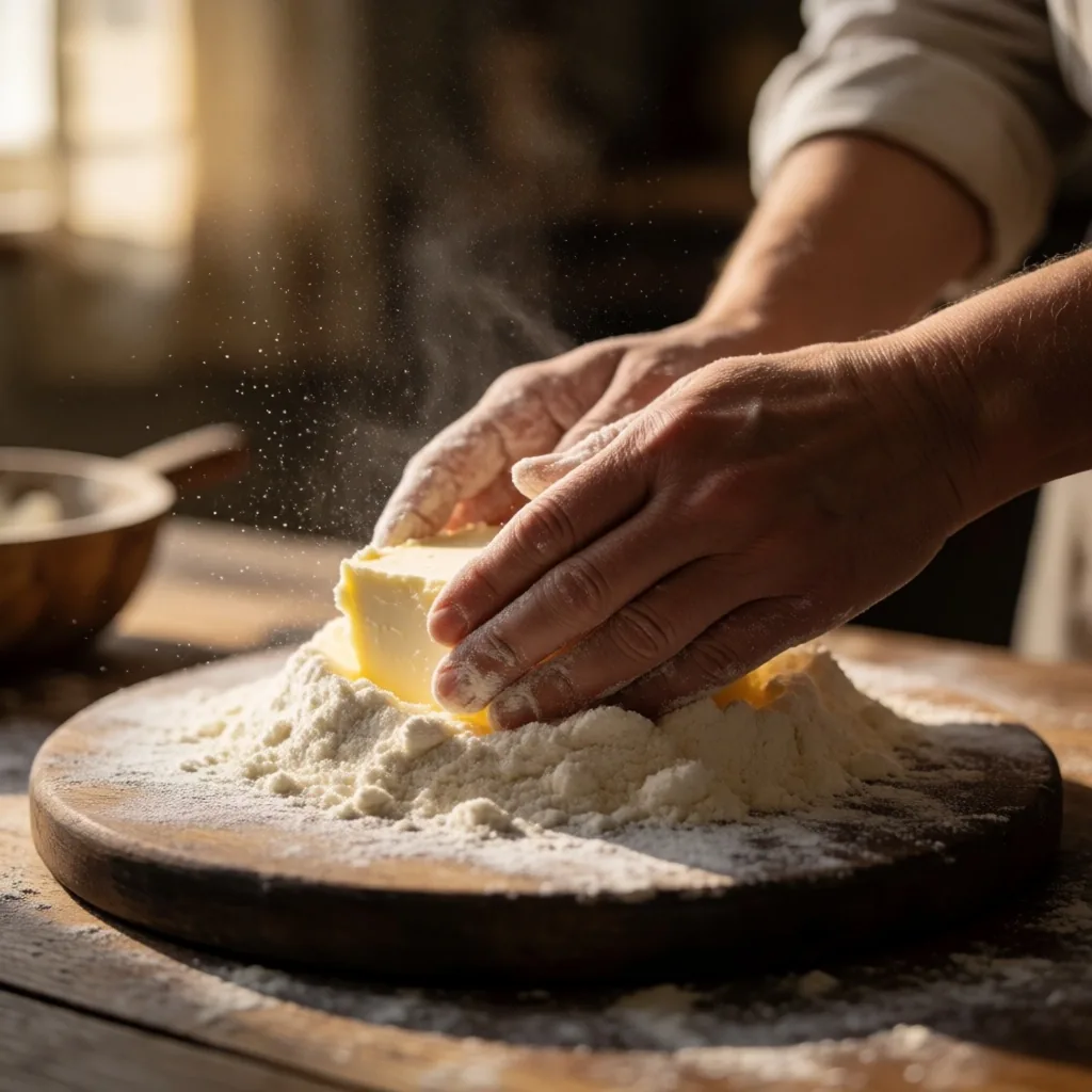 Hands working pastry on a floured surface