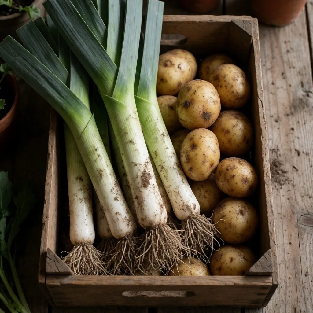 Seasonal root vegetables on dark soil