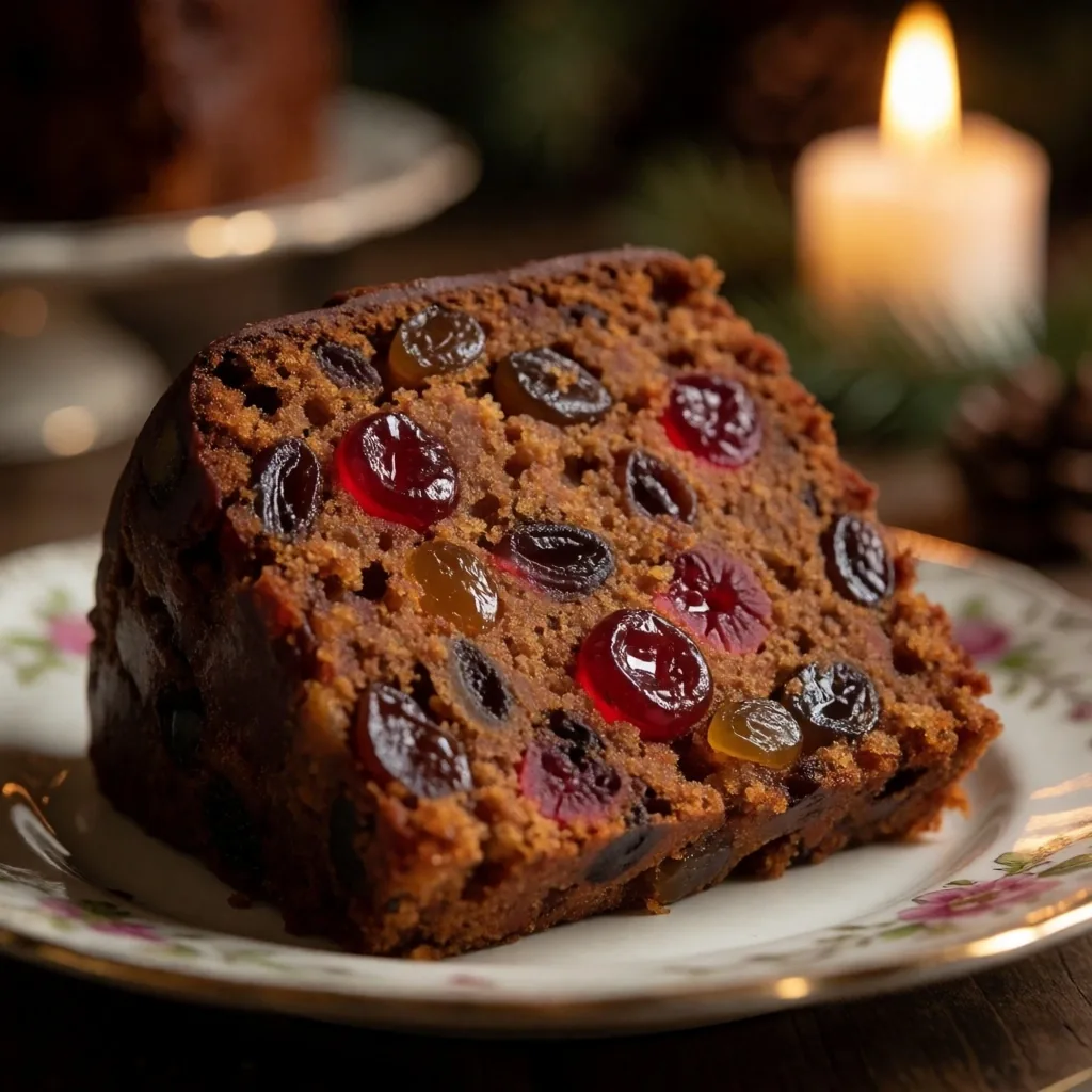 Slice of dark fruitcake with dried fruit on a plate