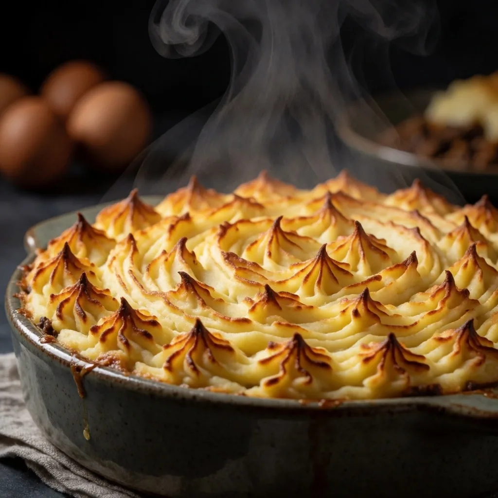 A freshly baked shepherd's pie with golden piped potato topping
