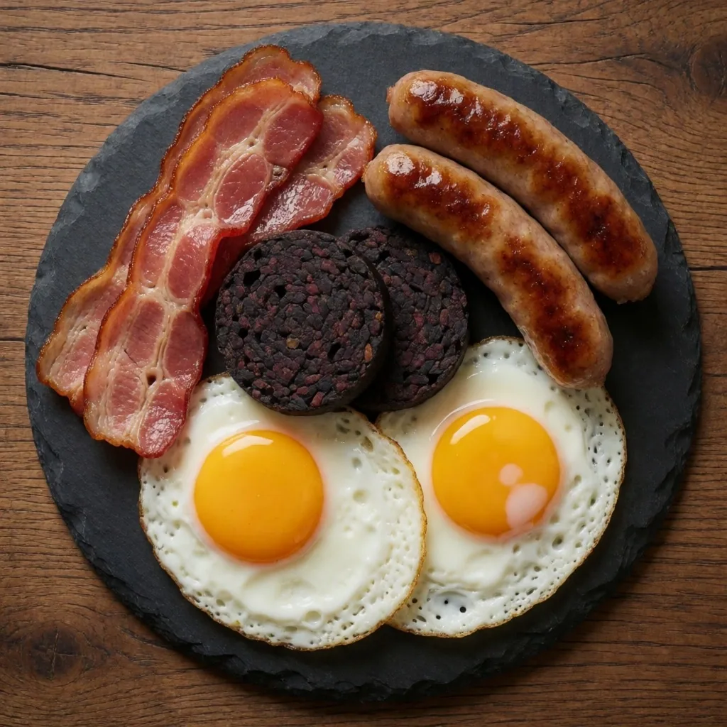 Full English breakfast on a dark plate