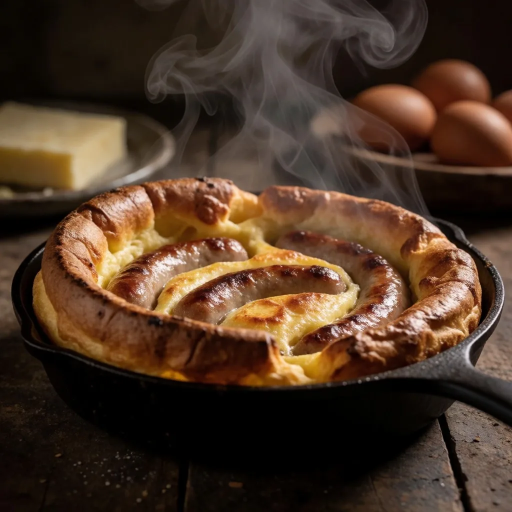 Toad in the hole batter rising in a hot oven pan