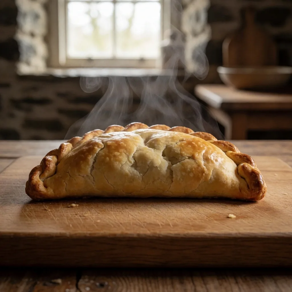 Freshly baked Cornish pasty on a wooden board