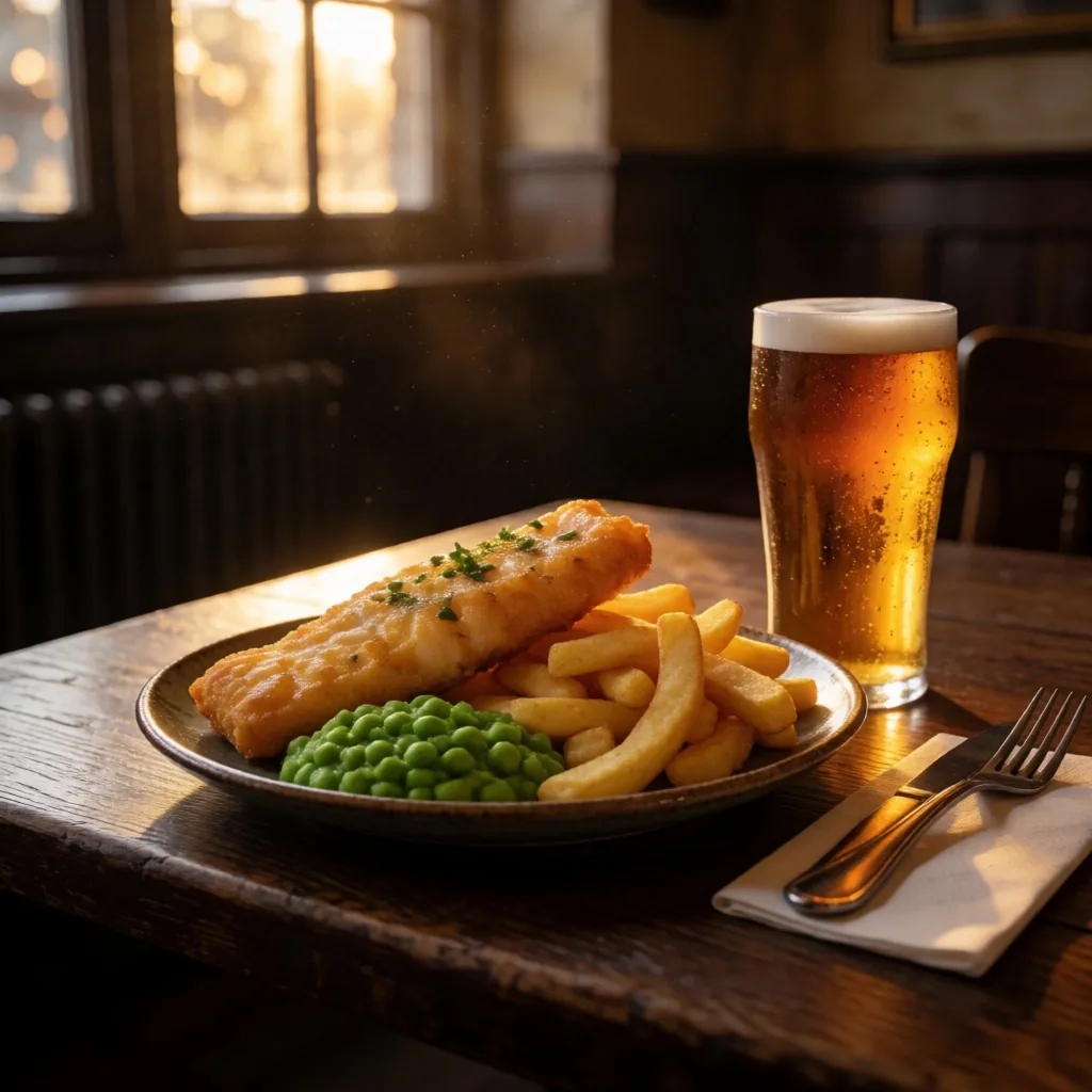 Gastropub interior with fish and chips