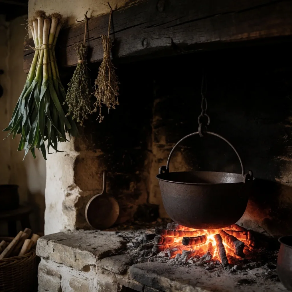 Medieval hearth with iron cauldron and hanging herbs