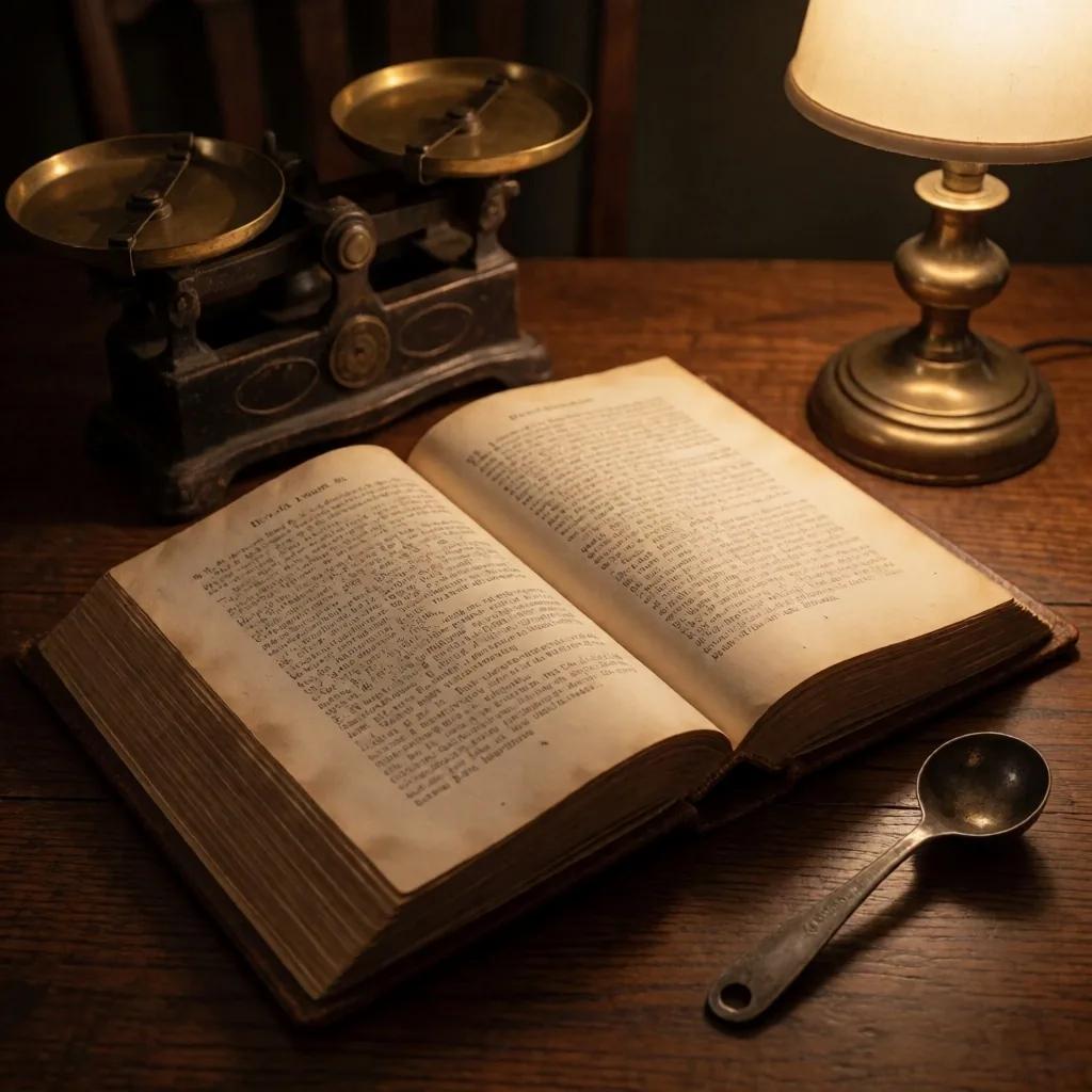 Open Victorian cookbook with brass scales