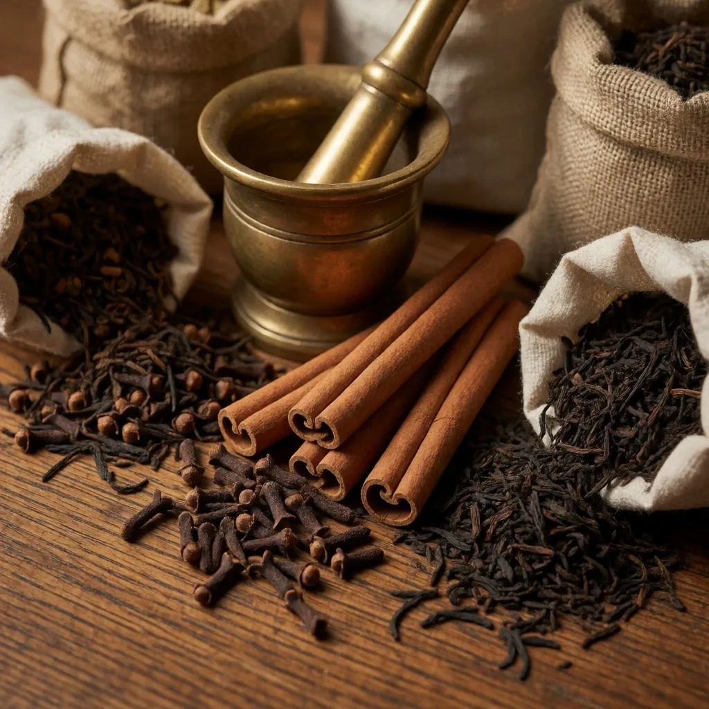 Spices and tea on a colonial-era table