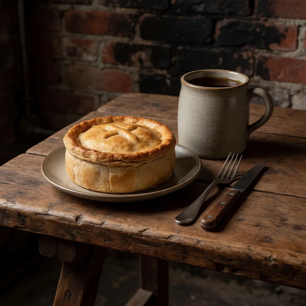 Traditional meat pie on a factory bench
