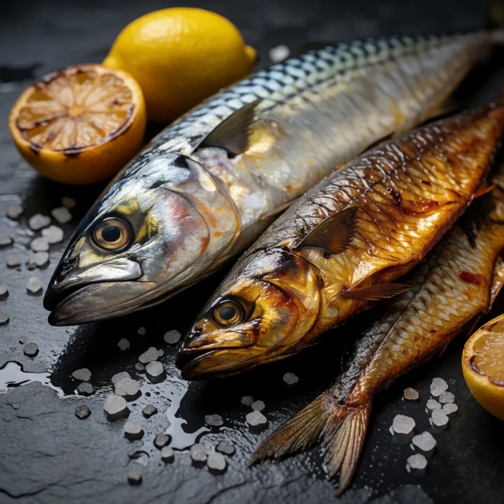 Fresh mackerel and smoked kippers on dark slate