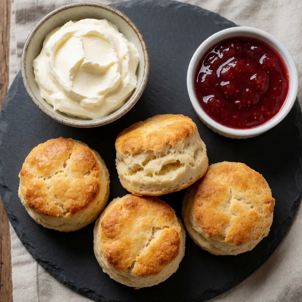 Freshly baked scones on a dark slate plate