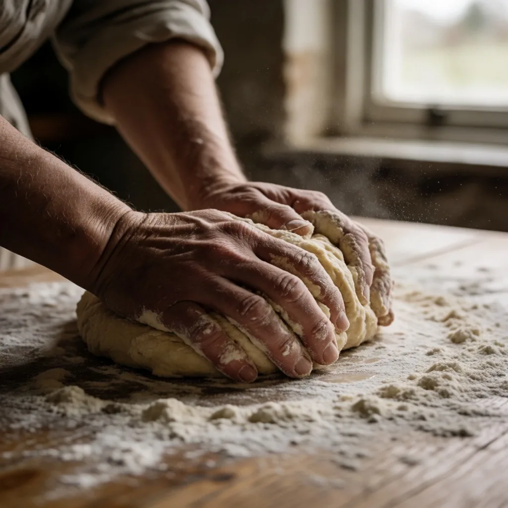 Hands rolling shortcrust pastry on a floured wooden table