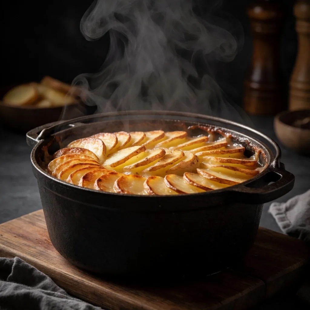 Lancashire hotpot in a cast iron pot