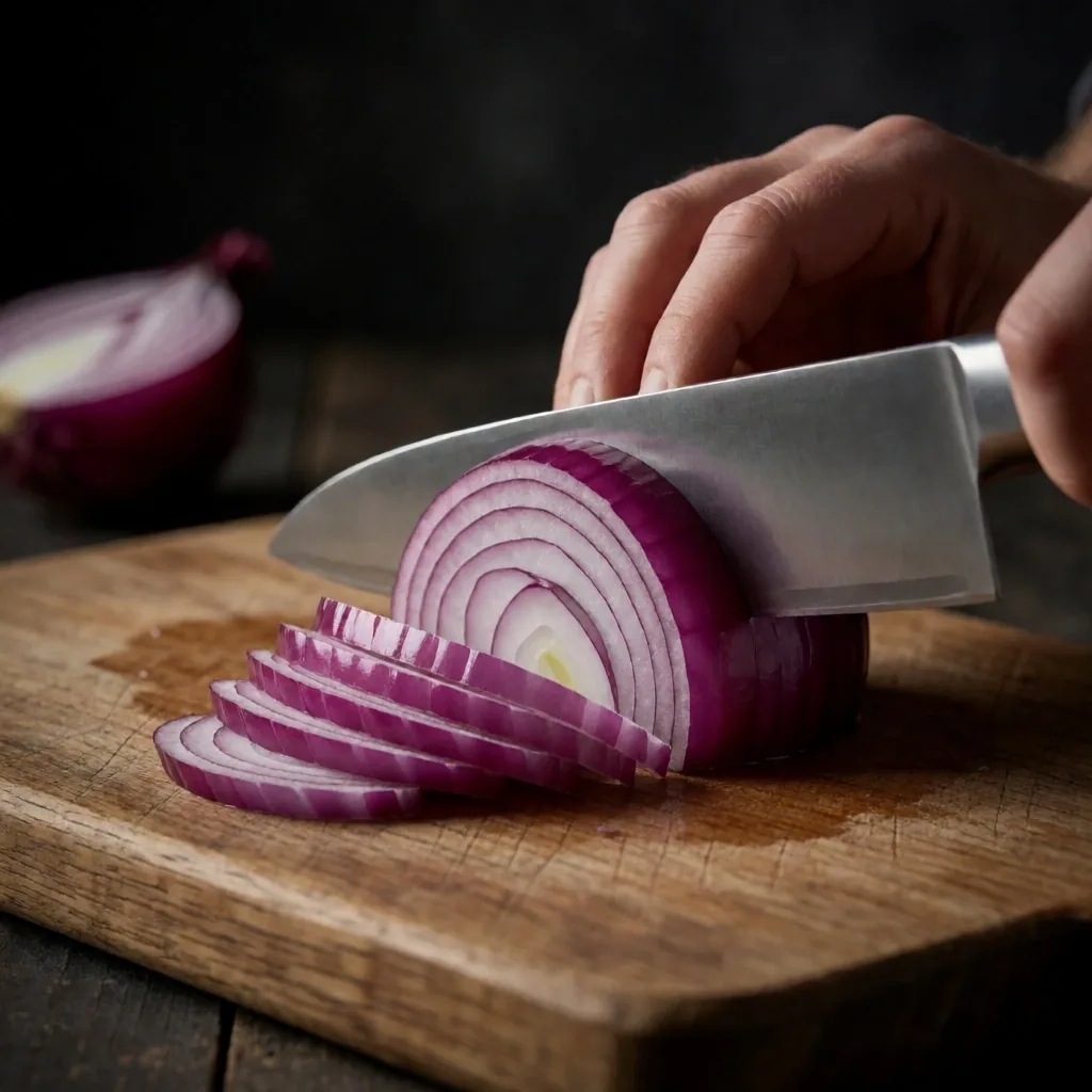 A chef knife with neatly diced vegetables on a cutting board