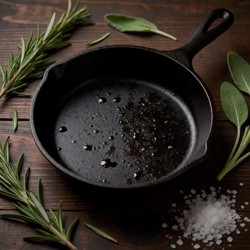Fresh herbs and a cast iron skillet on a worn wooden surface