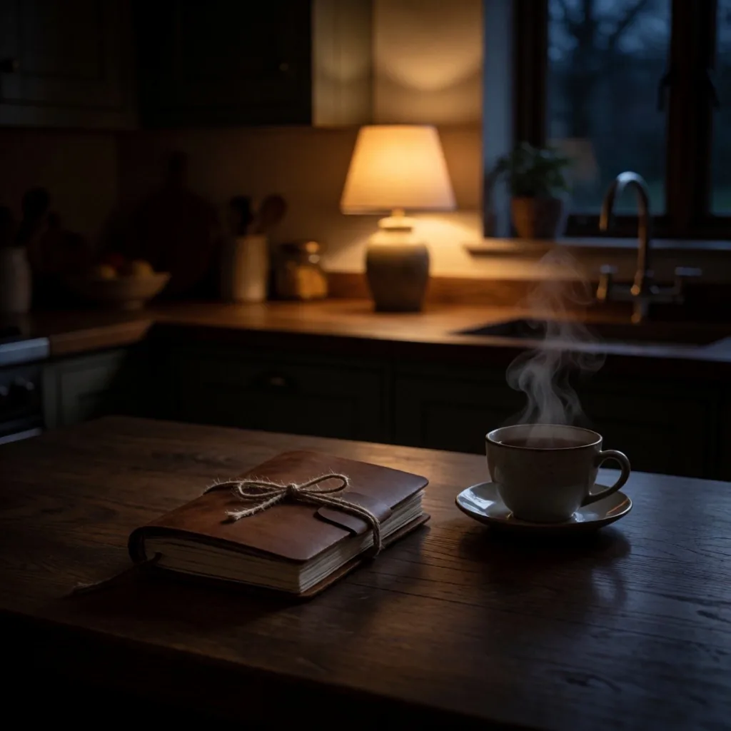 A quiet kitchen worktop with a closed recipe notebook and a cup of tea