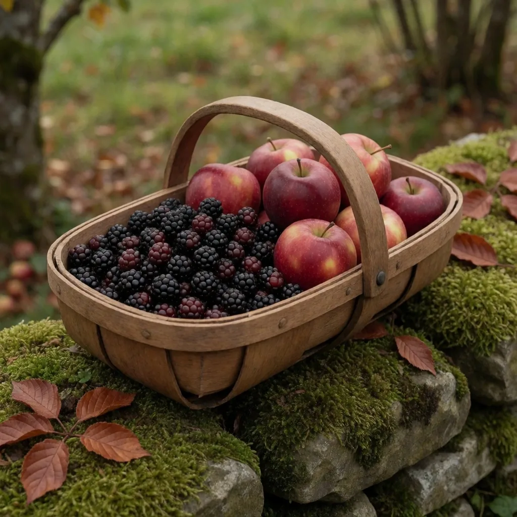 Autumn foraging: blackberries and apples in a basket on a stone wall