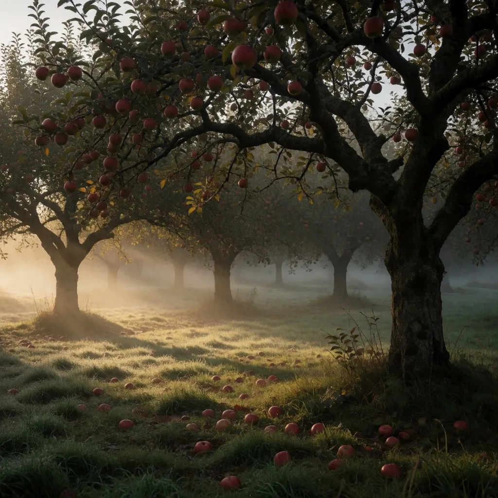 English orchard in autumn with apple trees and fallen fruit