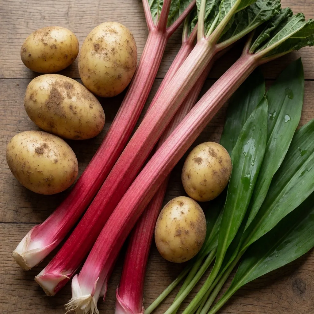 Spring produce: Jersey Royal potatoes, wild garlic, and forced rhubarb on a wooden table