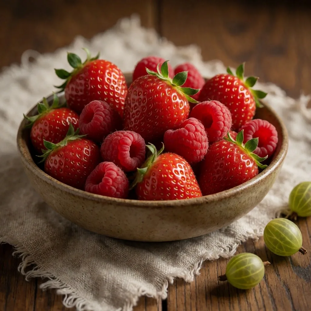 Summer berries: strawberries, raspberries, and gooseberries in an earthenware bowl