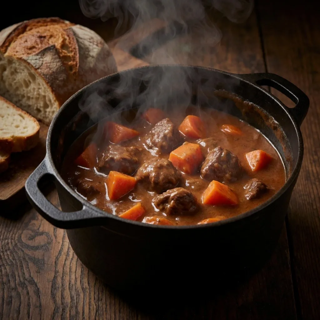 Winter comfort: beef stew in a cast iron pot with bread
