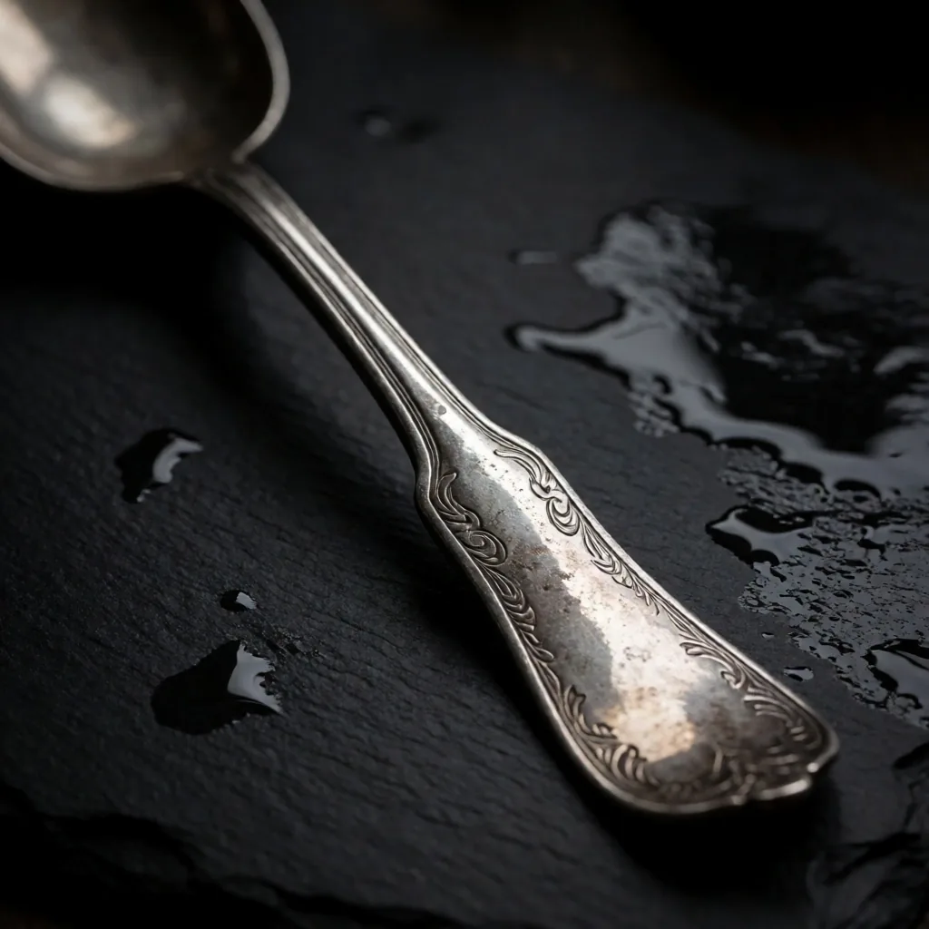 A tarnished silver serving spoon on dark slate