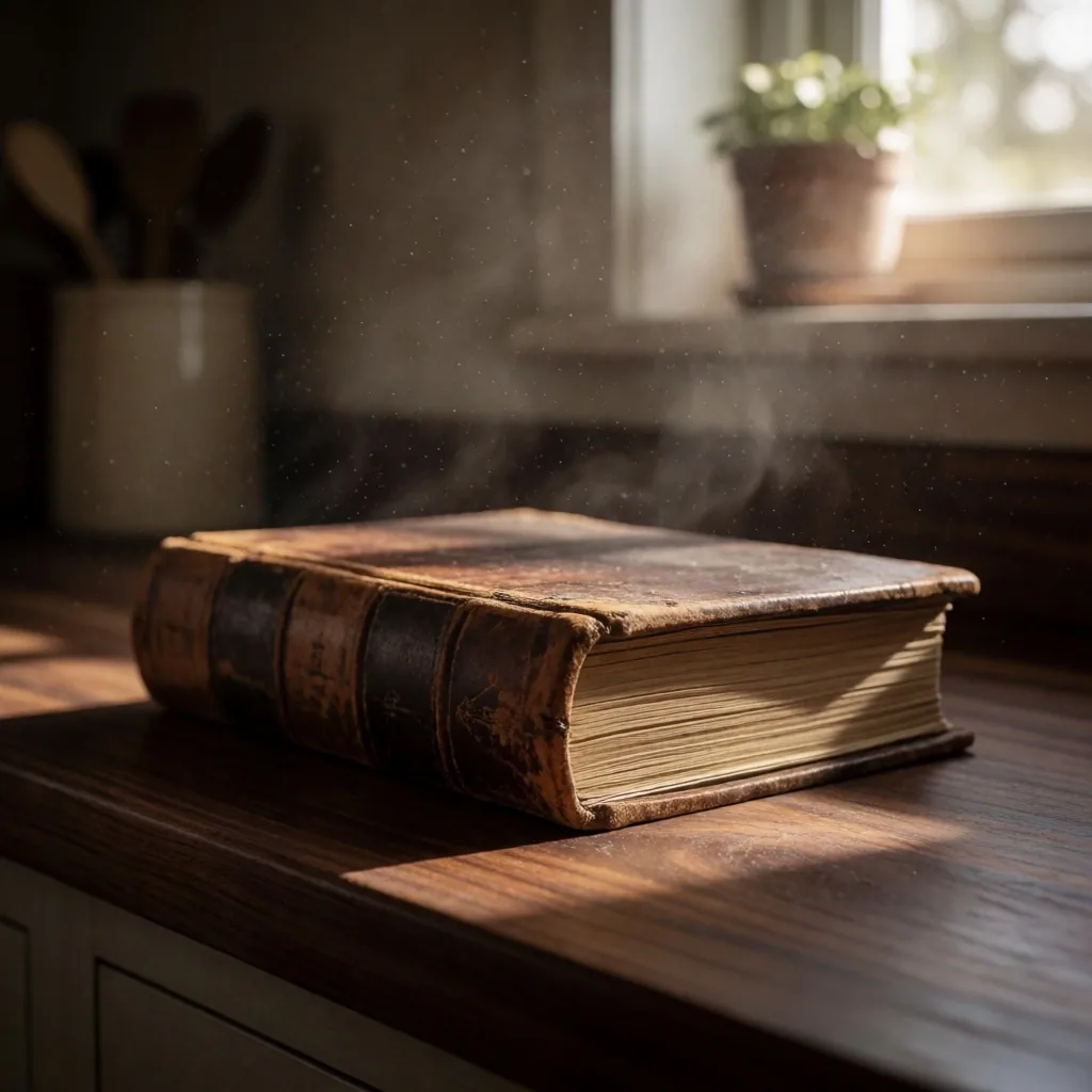 An old recipe book on a dark kitchen table